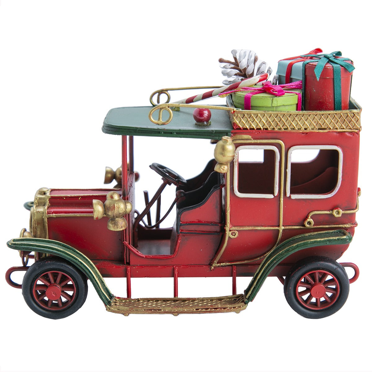 The Elf Hut Carro Antiguo Rojo y Verde con Regalos